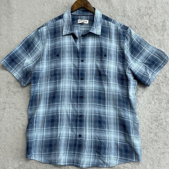 NEW Orvis Men's XL Short Sleeve Tech Shirt Blue Plaid Outdoor UPF 30 - Picture 3 of 11